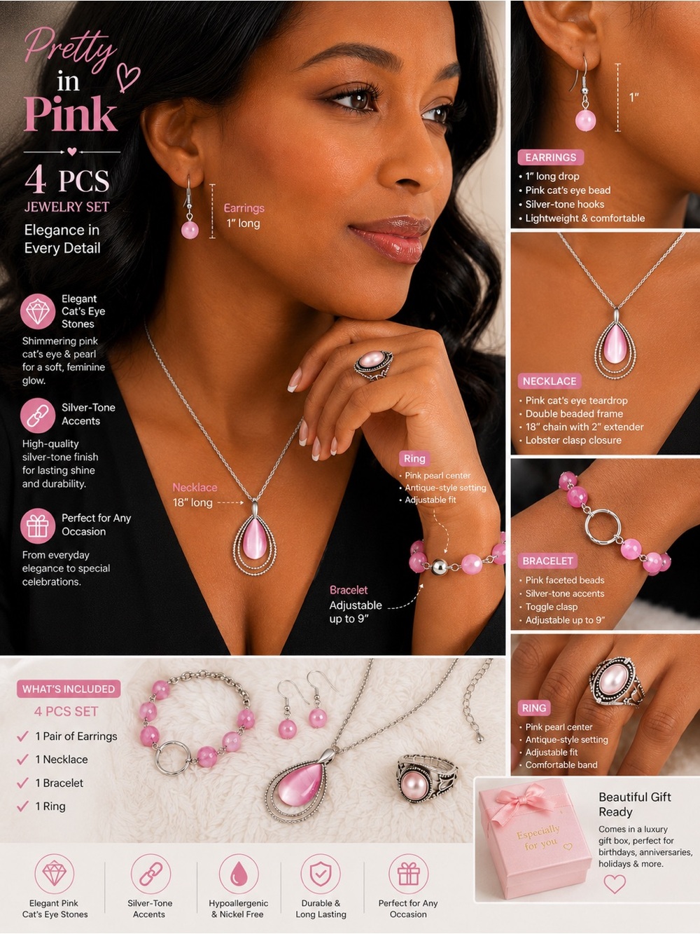 Pretty in Pink 4-Piece Jewelry Set - Pink Necklace, Bracelet, Earrings & Ring